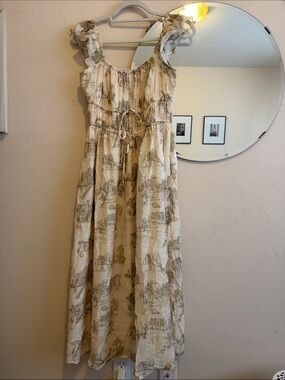 Cream and Green Printed Sleeveless Toile Maxi Dress